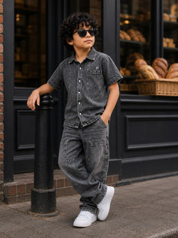 Purple United Kids - Black Solid/Plain Mid Waist Co-ord Set
