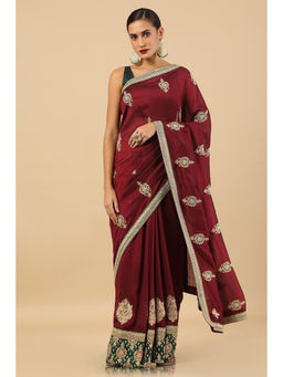 Soch - Maroon Tussar Embroidered Saree with Unstitched