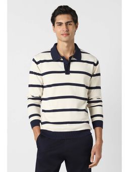Peter England - Men Off White Stripe Polo Neck Sweater