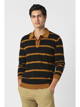 Peter England - Men Black Stripe Polo Neck Sweater