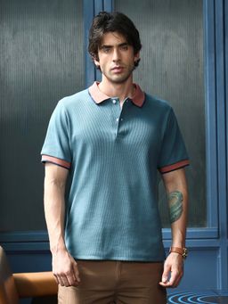 CAHOOT - Men's Oceanic Blue Contrast-Ribbed Polo T-Shirt