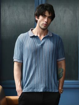 CAHOOT - Men's Powder Blue Panel Jacquard-Knit Polo T-Shirt