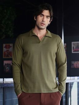 CAHOOT - Men's Olive Green Solid Ribbed Polo T-Shirt