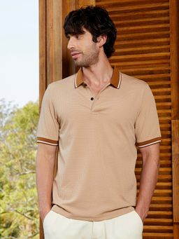 CAHOOT - Men's Khaki Beige Block Box-Jacquard Polo T-Shirt
