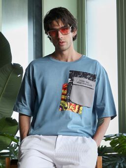 CAHOOT - Men's Sky Blue Escape-Ordinary Imprint Oversized T-Shirt