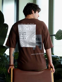 CAHOOT - Men's Dark Brown Escape-Ordinary Imprint Oversized T-Shirt