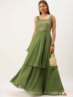 Ethnovog - Ready To Wear Green Embroidered Georgette Layered Gown