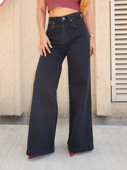 Off Duty India - Off Duty Onyx Black Stone Wash Wide Leg High Rise Jeans