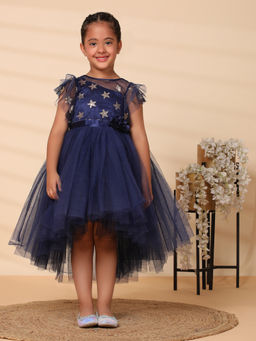 Toy Balloon Kids - Girls Navy Blue Embellished Hi Low Party Wear Knee Length Dress