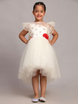 Toy Balloon Kids - Girls White Embellished Hi Low Party Wear Knee Length Dress