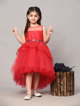 Toy Balloon Kids - Girls Coral Hi Low Embellished Party Wear Knee Length Dress