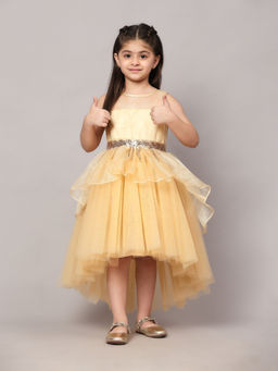 Toy Balloon Kids - Girls Gold Hi Low Embellished Party Wear Knee Length Dress