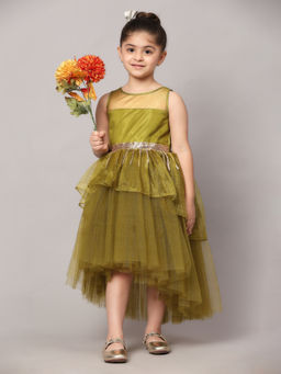 Toy Balloon Kids - Girls Green Hi Low Embellished Party Wear Knee Length Dress