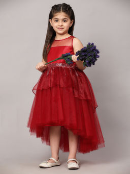 Toy Balloon Kids - Girls Maroon Hi Low Embellished Party Wear Knee Length Dress
