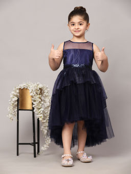 Toy Balloon Kids - Girls Navy Blue Hi Low Embellished Party Wear Knee Length Dress