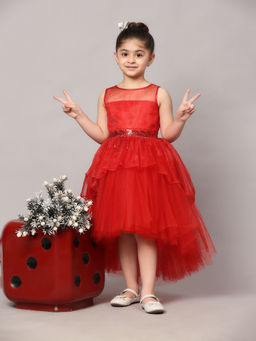 Toy Balloon Kids - Girls Red Hi Low Embellished Party Wear Knee Length Dress