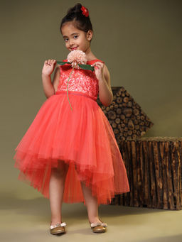 Toy Balloon Kids - Girls Coral Embellished Hi Low Party Wear Knee Length Dress