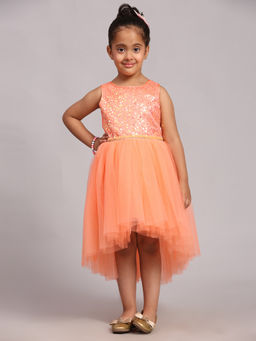 Toy Balloon Kids - Girls Peach Embellished Hi Low Party Wear Knee Length Dress