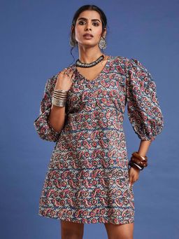 Sufiza Lifestyle - Blue Bagru Print Ethnic Dress