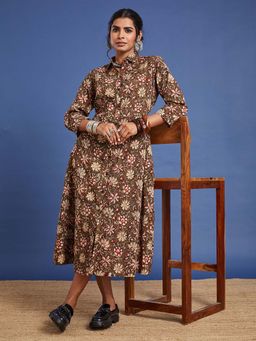 Sufiza Lifestyle - Brown Bagru Print Ethnic Dress