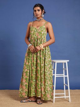 Sufiza Lifestyle - Green Bagru Print Ethnic Dress