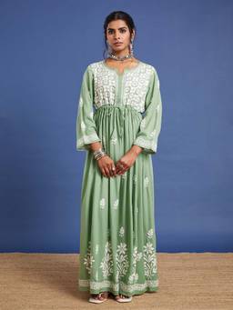 Sufiza Lifestyle - Green Chikankari Ethnic Dress