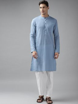 See Designs - Men Blue Cotton Straight Kurta with Slub Effect