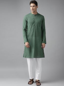 See Designs - Men Green Cotton Straight Kurta with Slub Effect