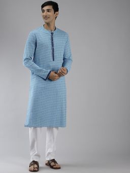 See Designs - Men Blue & White Printed Straight Kurta
