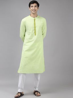See Designs - Men Lime Green & White Printed Pure Cotton Straight Kurta