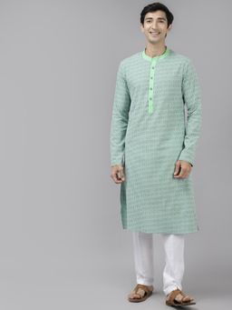 See Designs - Men Green & White Printed Pure Cotton Straight Kurta