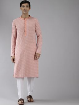 See Designs - Men Peach Color & White Printed Pure Cotton Straight Kurta