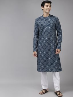 See Designs - Men Blue & White Printed Straight Kurta