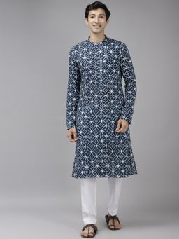 See Designs - Men Blue & Off White Printed Straight Kurta