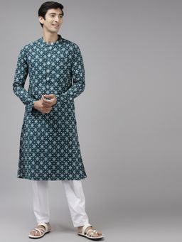 See Designs - Men Teal Blue & Off White Printed Straight Kurta