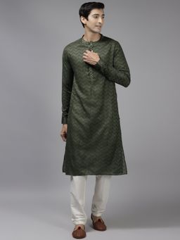 See Designs - Men Green & Beige Woven Design Thread Work Kurta