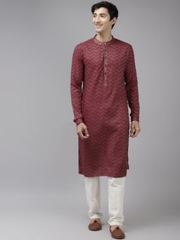 See Designs - Men Burgundy & Beige Woven Design Thread Work Kurta