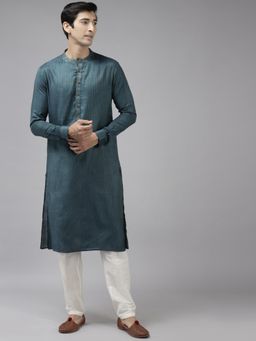 See Designs - Men Teal & Beige Woven Design Thread Work Kurta