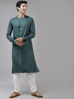 See Designs - Men Teal & Beige Woven Design Thread Work Kurta