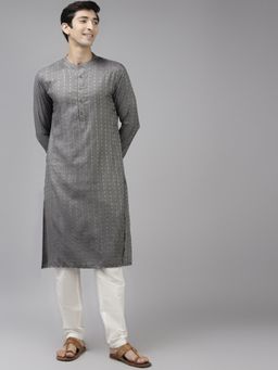 See Designs - Men Grey & Beige Woven Design Thread Work Kurta