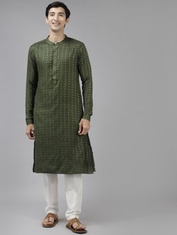 See Designs - Men Green & Beige Woven Design Thread Work Kurta