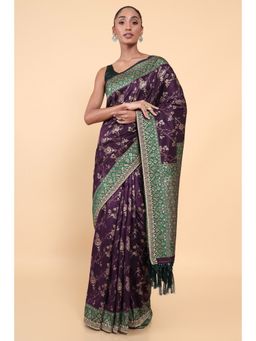 Soch - Women Purple Silk Floral Saree with Unstitched Blouse