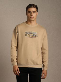Louis Philippe - Men Beige Printed Cotton Sweatshirt