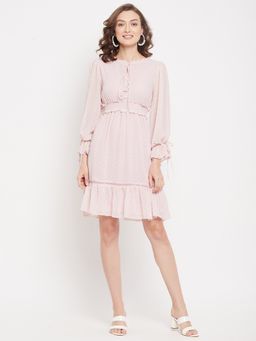 Madame - Pink Polka Dots Tie-Up Neck Knee Length Dress