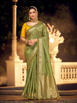 Odette - Olive Colour Viscose Dola Silk Saree Pair with Raw Silk with Unstitched Blouse