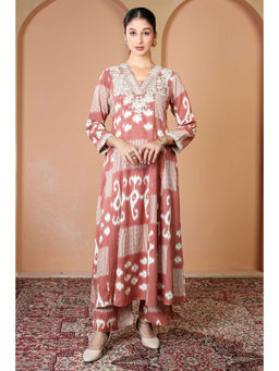 Cotton Culture - Brown Printed Embroidered V-Neck Kurta And Pant
