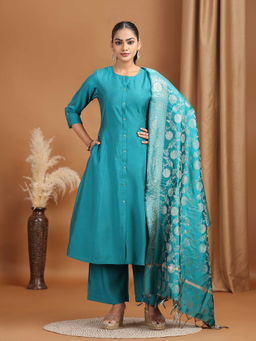 Cotton Culture - Teal Solid Straight Kurta With Pant & Dupatta