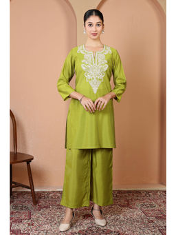 Cotton Culture - Parrot Green Embroidered Straight Kurta And Palazzo