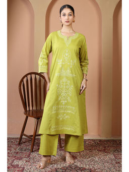 Cotton Culture - Lime Green Floral Embroidered Pure Cotton Kurta And Pant