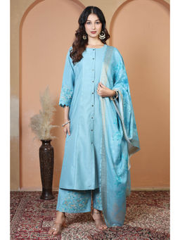 Cotton Culture - Light Blue Floral Embroidered Ethnic Kurta With Pant & Dupatta